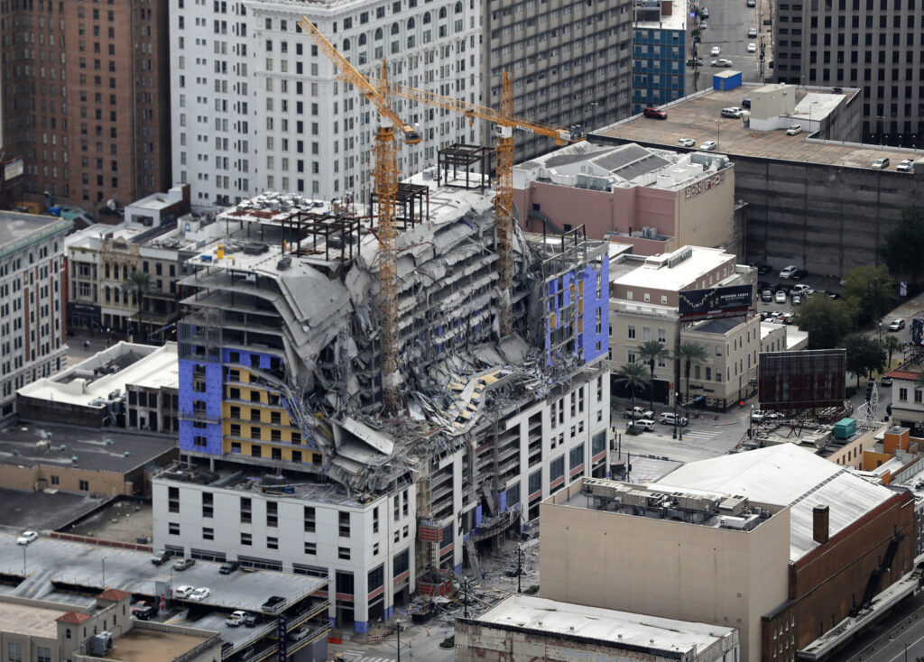 FILE - This Oct. 12, 2019, file photo shows damage of a partial collapse at the Hard Rock Hotel under construction in New Orleans.