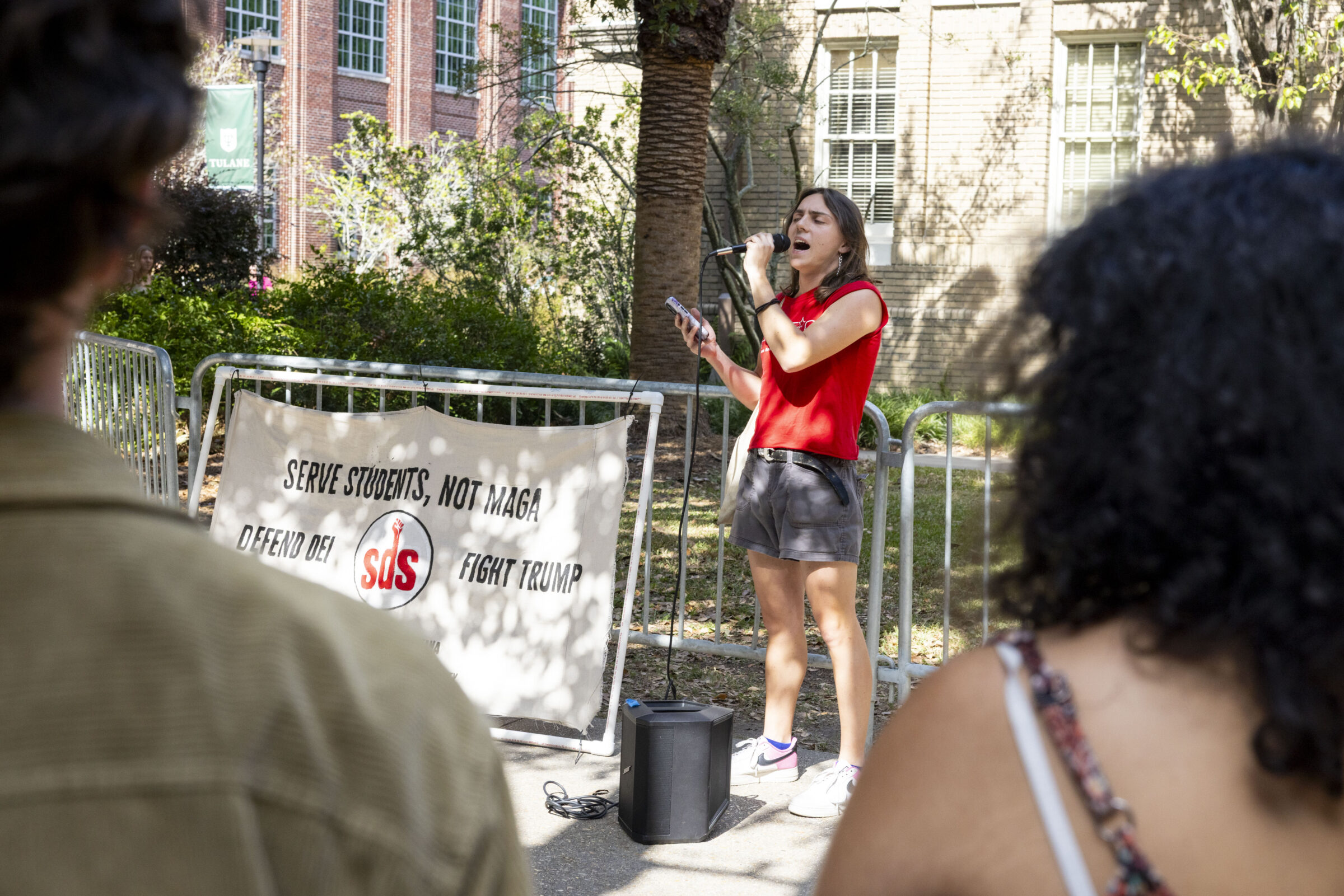 Senior Rory Macdonald speaks to a gathering of students and supporters on Tulane University’s campus on Friday, Oct. 24, 2025 after the ‘Q Spot,’ a space for LGBTQIA+ students, was closed.