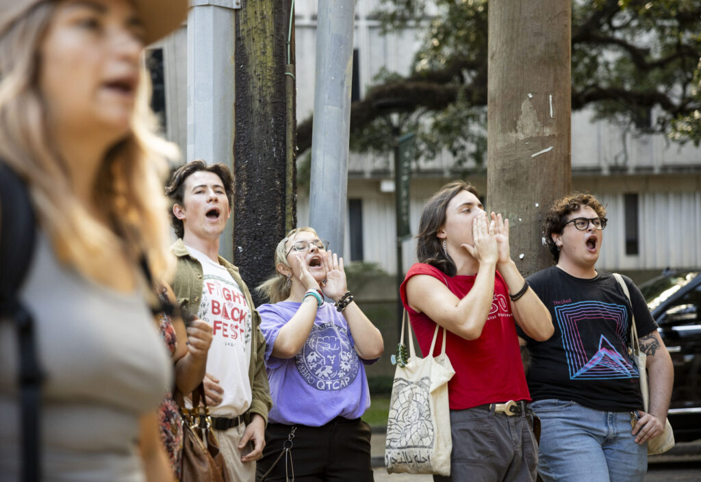 Students gather in protest on Tulane University's campus on Friday, Oct. 24, 2025 after the ‘Q Spot,’ a space for LGBTQIA+ students, was closed by the university.