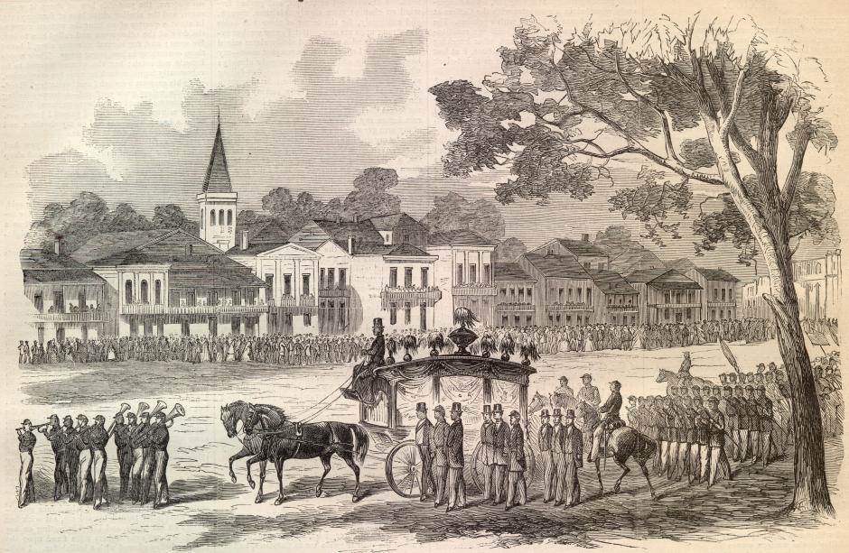 An illustration of the Cailloux Funeral from Harpers Weekly, August 29, 1863. Black soldiers.