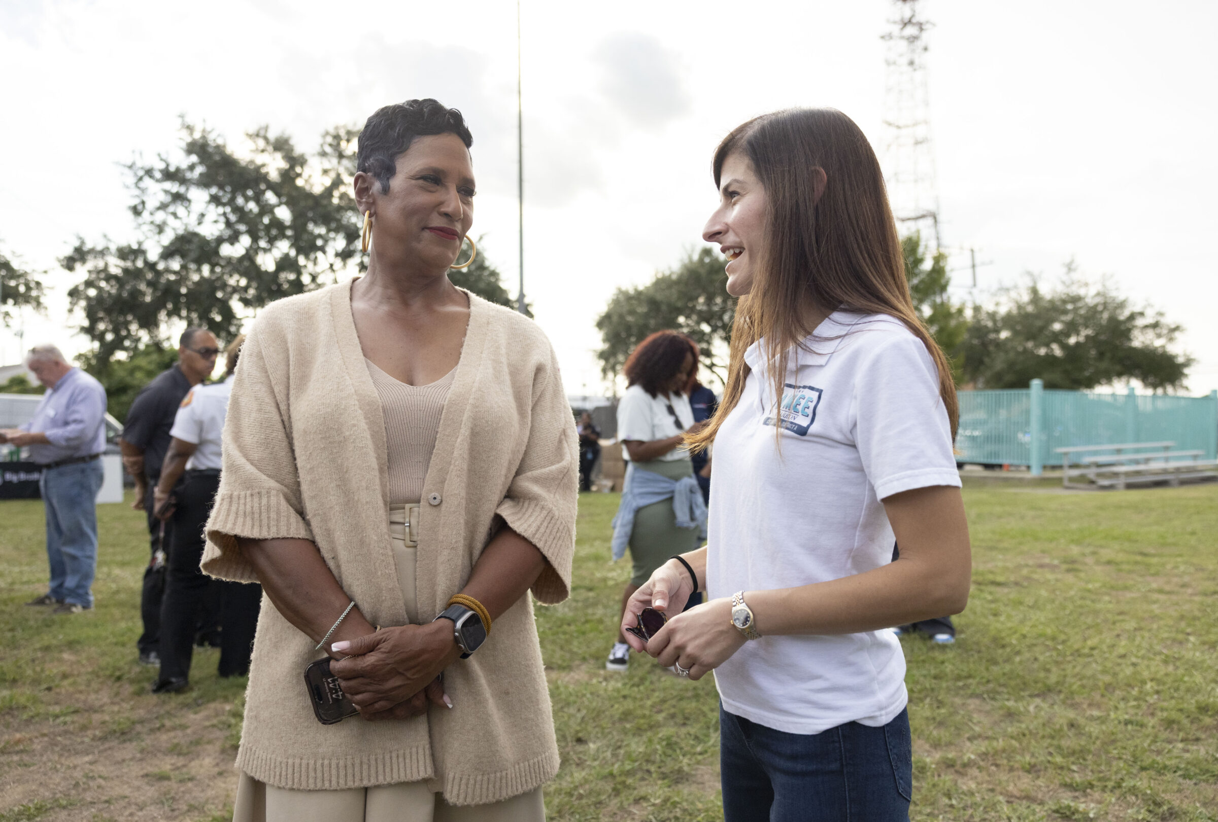 City Council District A candidate Aimee McCarron, right, speaks with Sheriff-elect Michelle Woodfork at the New Orleans Night Out Against Crime at Rosenwald Recreation Center on October 21, 2025.
